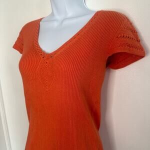 Y2K Style Knit Short Sleeve Light Sweater, Embroidered Style, Orange, Sz Large
